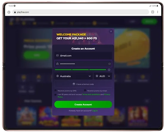 Sign Up Window at Playfina Australia
